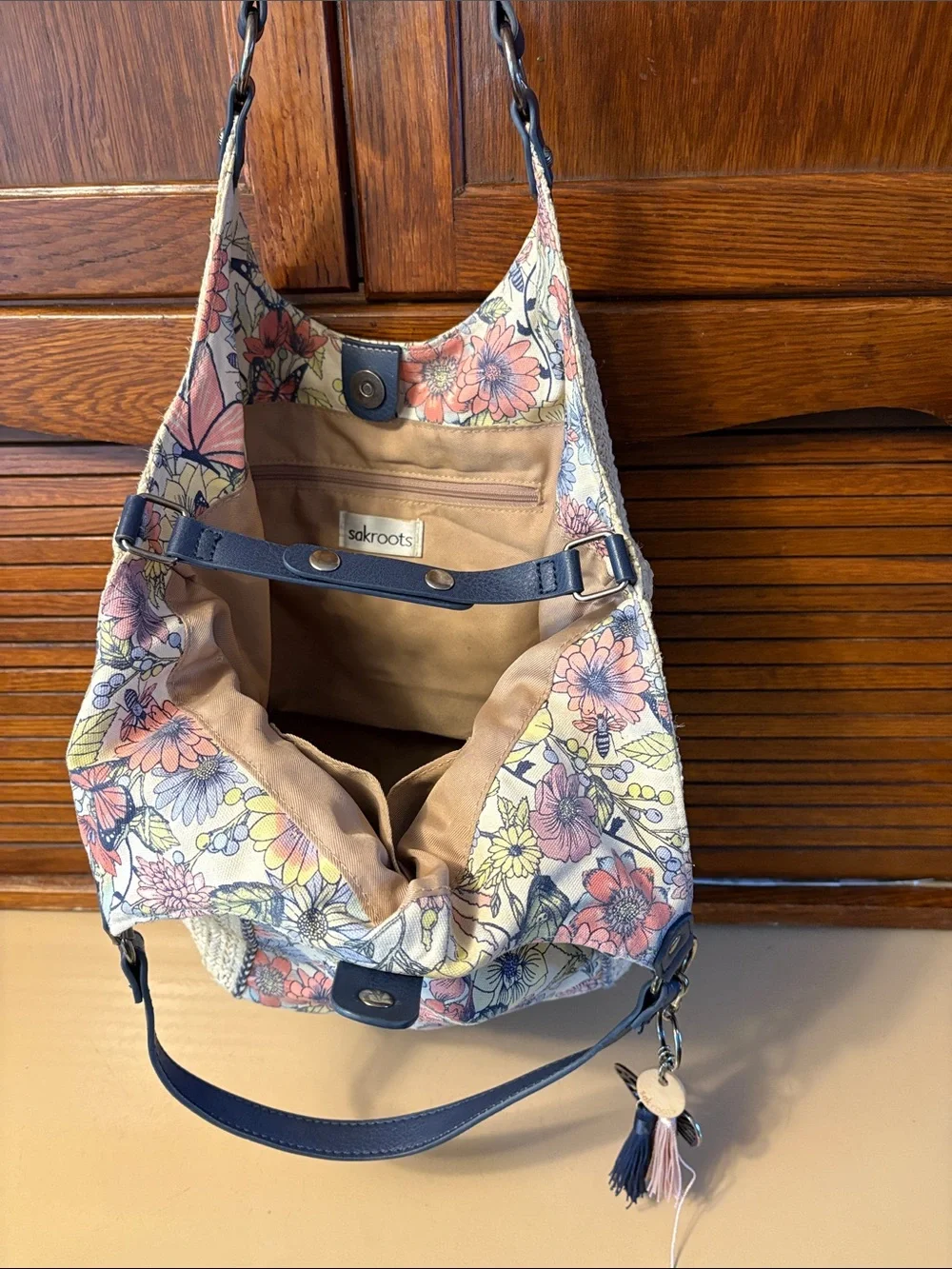 Sakroots Cream Crochet Shoulder Bag with Multicolor Floral Print